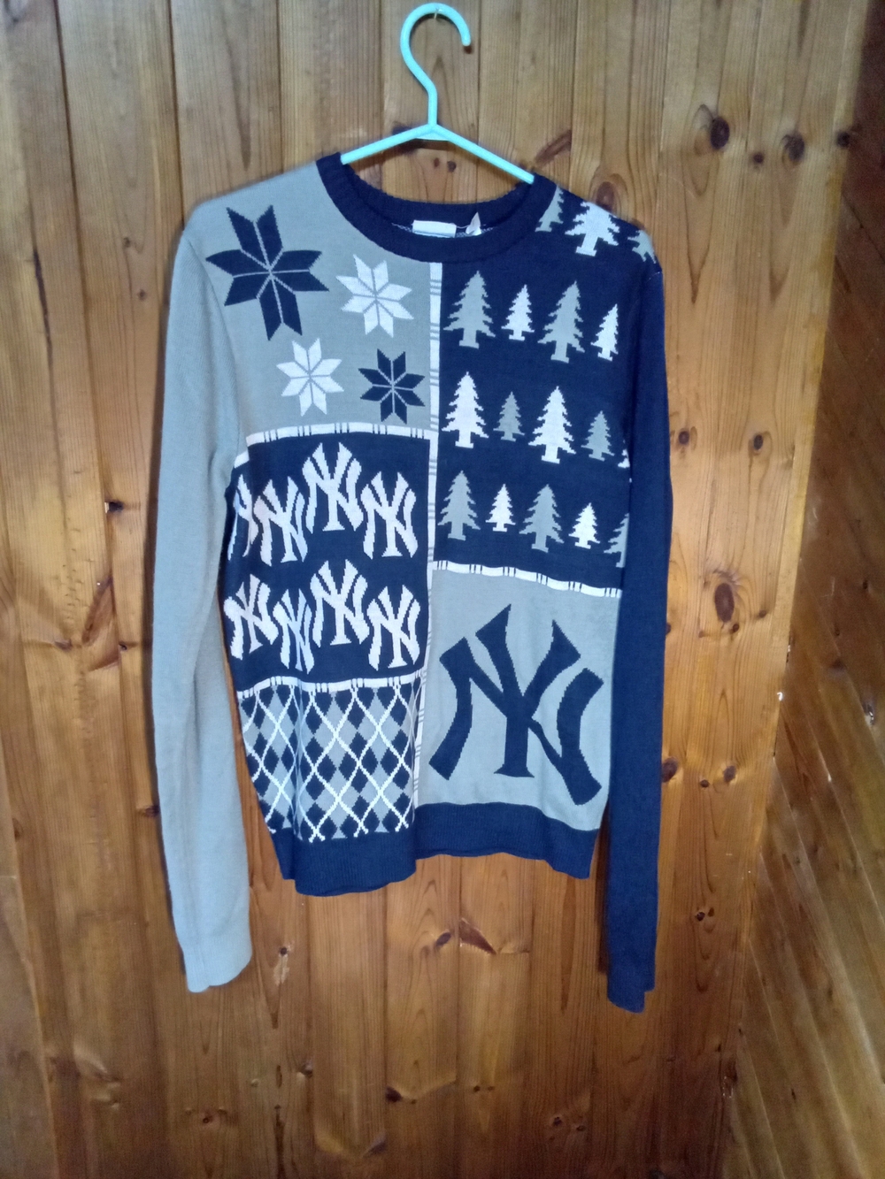NY Patchwork Crewneck Sweater in Navy and Tan